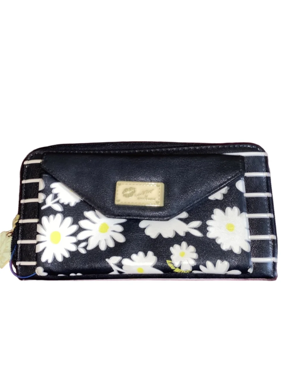 Women's Betsey Johnson Love Betsey Daisy Black Stripe Zippered Wallet Clutch